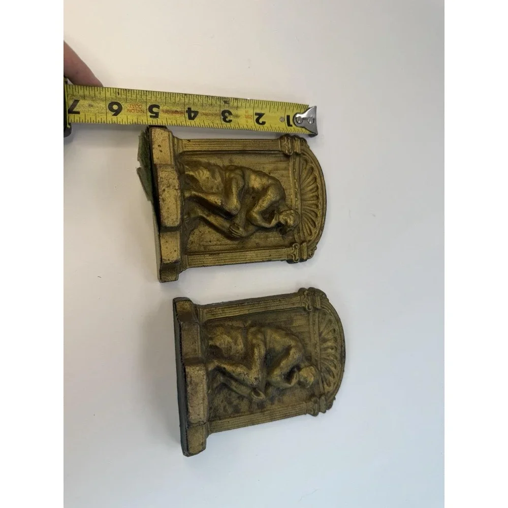 The Thinker Bookends Book Pair Metal Heavy Brass  Tone Vintage Home Decor